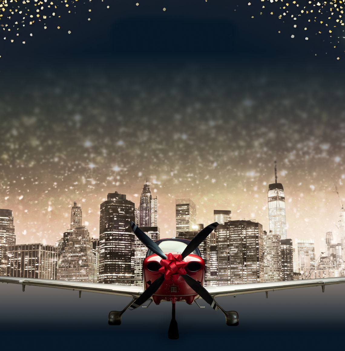 a plane with a red gift bow on the nose of the plane. there is a city in the background 