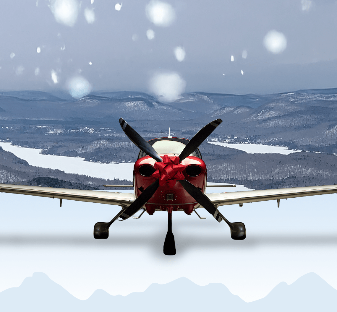 a plane on a snowy background with a red gift bow on the nose of the plane